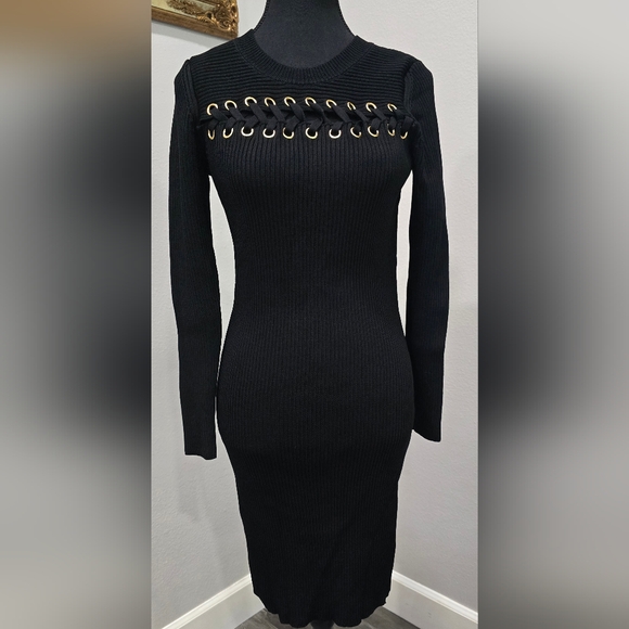 MICHAEL Michael Kors Black Ribbed Lace-Up Sweater Dress – Size M - Picture 3 of 7